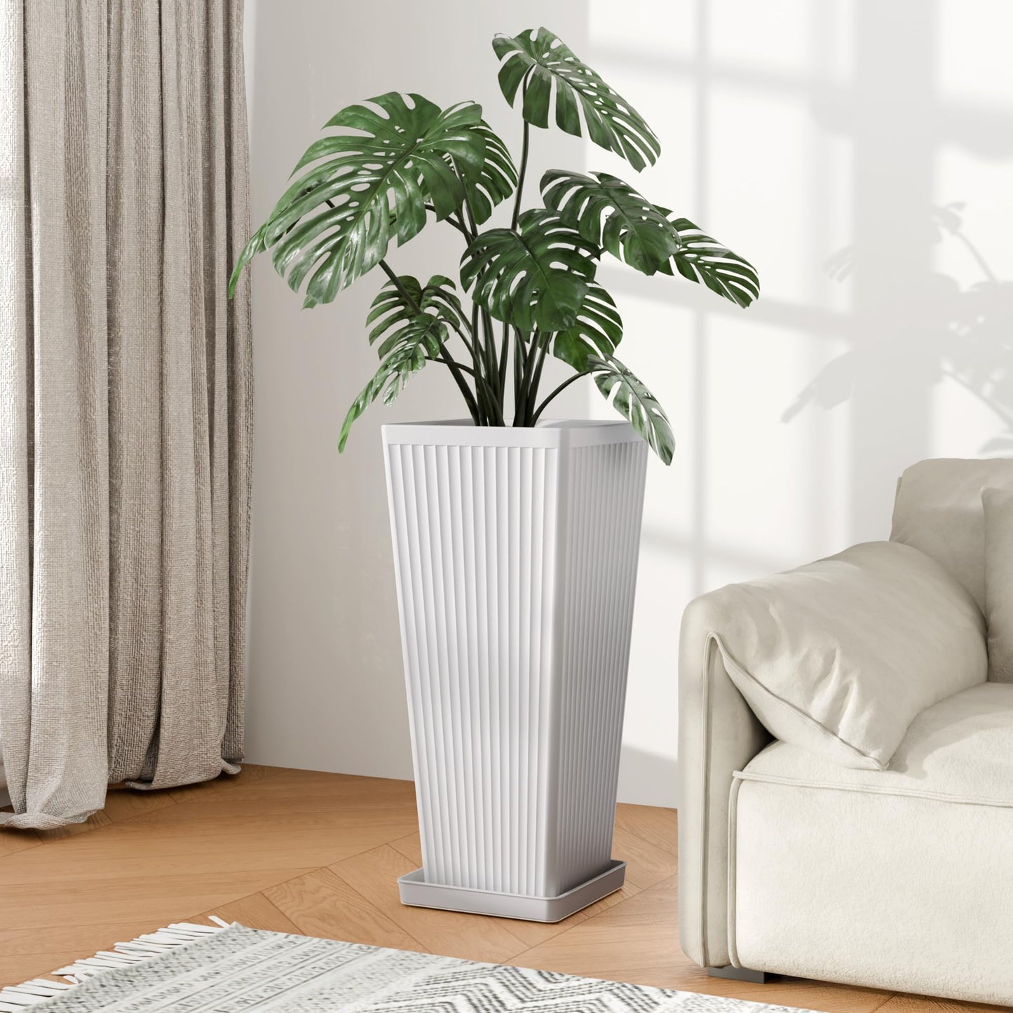 Trygoal White Square Tall Planters for Outdoor Plants Set of 2-23.6" Modern Tapered Indoor Flower Pots with Drainage Holes/Partition/Tray, Large Outdoor Planters for Porch Patio Garden Front Porch