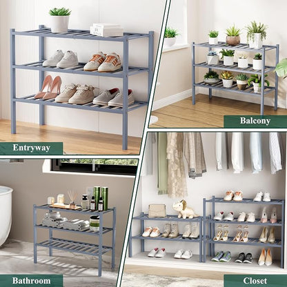 Smiry Long Bamboo Shoe Rack, 3 Tier Free Standing Wooden Shoe Organizer, Stackable Wood Shoe Storage Shelf for Closet, Entryway, 12 Vertical Slats, 2+1 Stack Standard Legs, 33.7"x11"x19.5", Grey