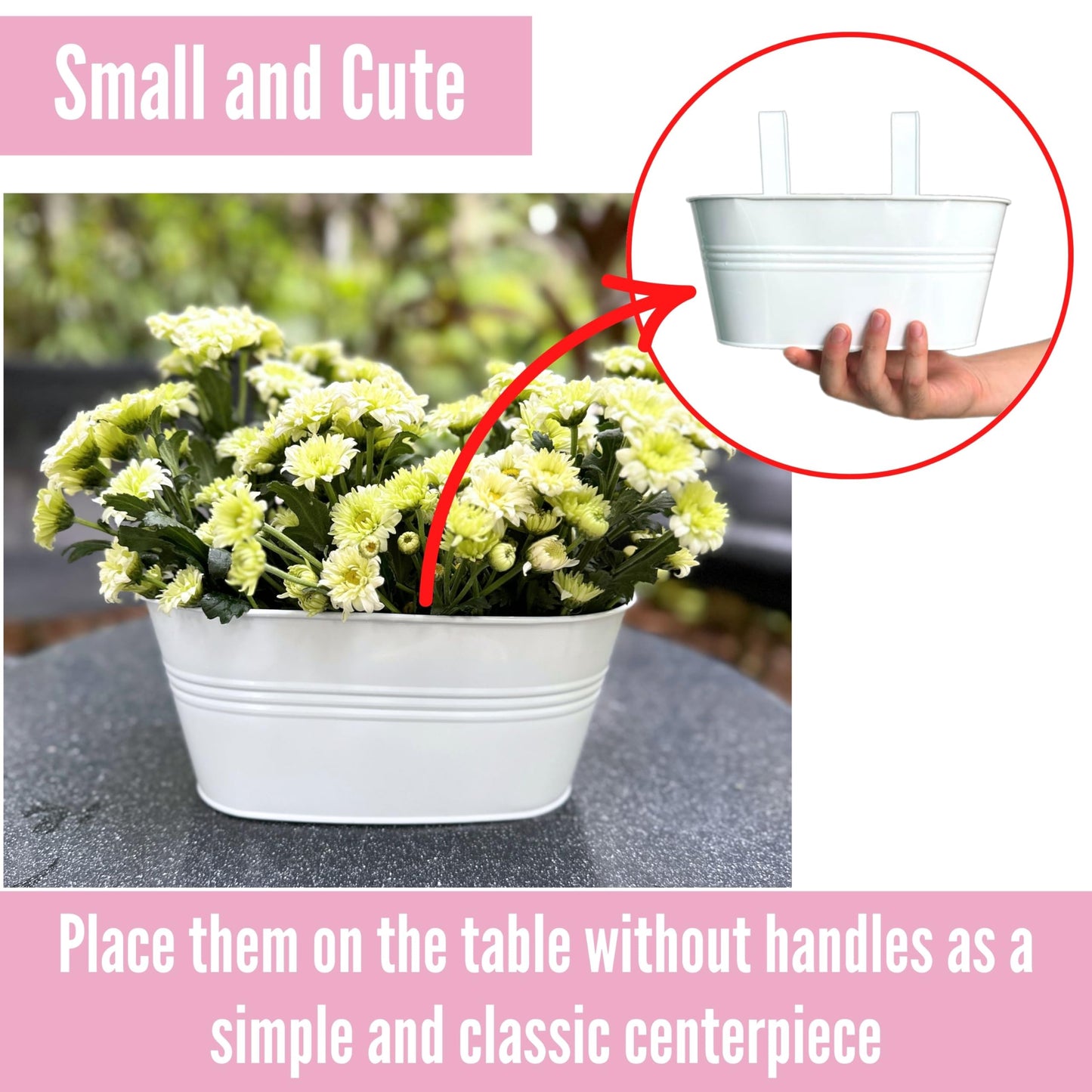 LaLaGreen Outdoor Rail Planter (6 Pack, 9.8 Inch) Small and Cute White Metal Iron Hanging Flower Pots Deck Railings Fence Buckets Countryside Style Wall Mount Window Box Plant Holder Hooks Porch Decor