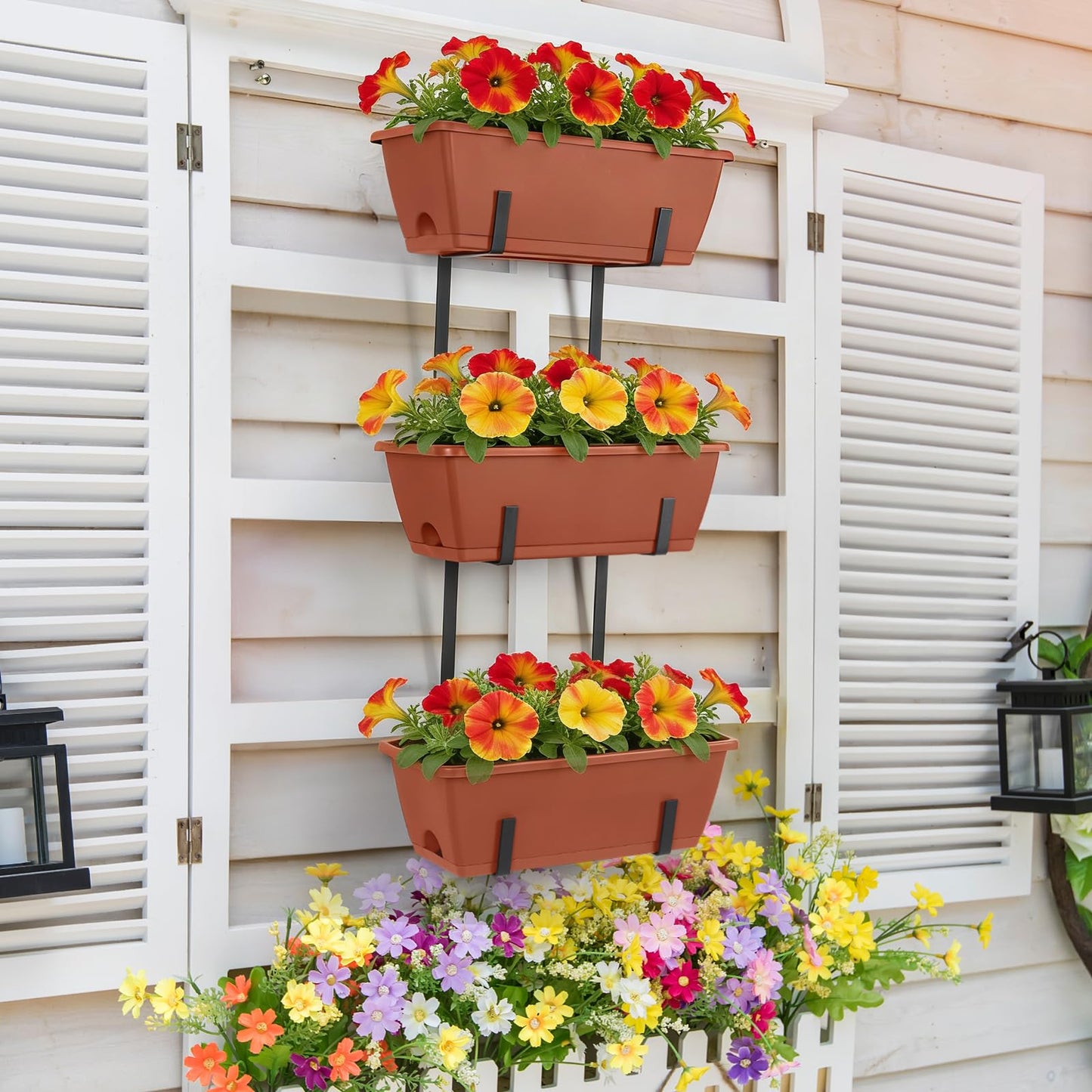 OYEAL Railing Planter Box Window Boxes Planters with Adjustable Brackets Balcony Fence Hanging Flower Planters for Patio, Deck, Porch Railing, Brick Red
