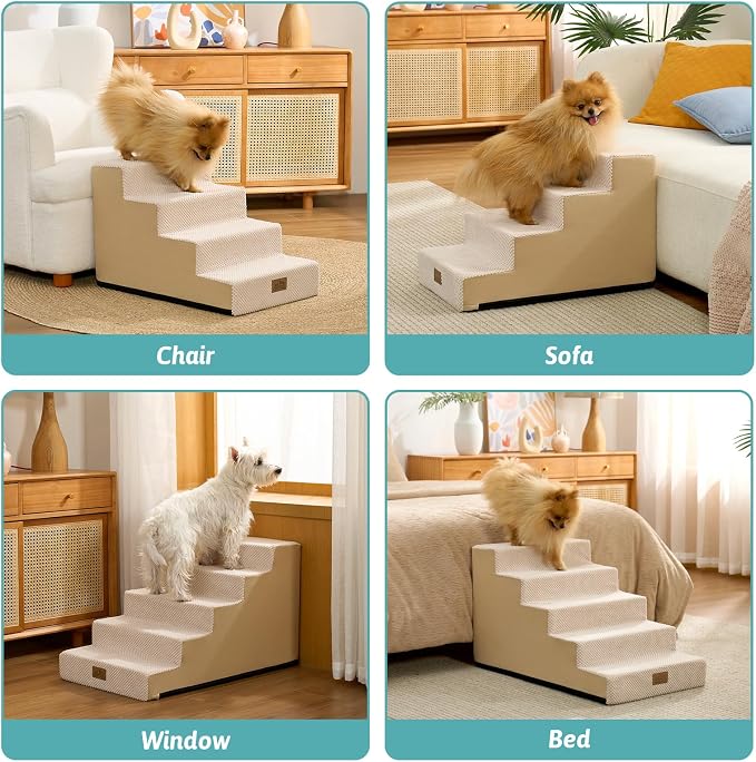 COZY KISS Dog Stairs for Small Dogs 15.7" H, 4-Step Gentle Incline Pet Step for Couch Sofa, Non-Slip Right-Angle Dog Ramp for Puppy Doggie Senior Cats, 15.7x23.6x15.7 Inch, Beige