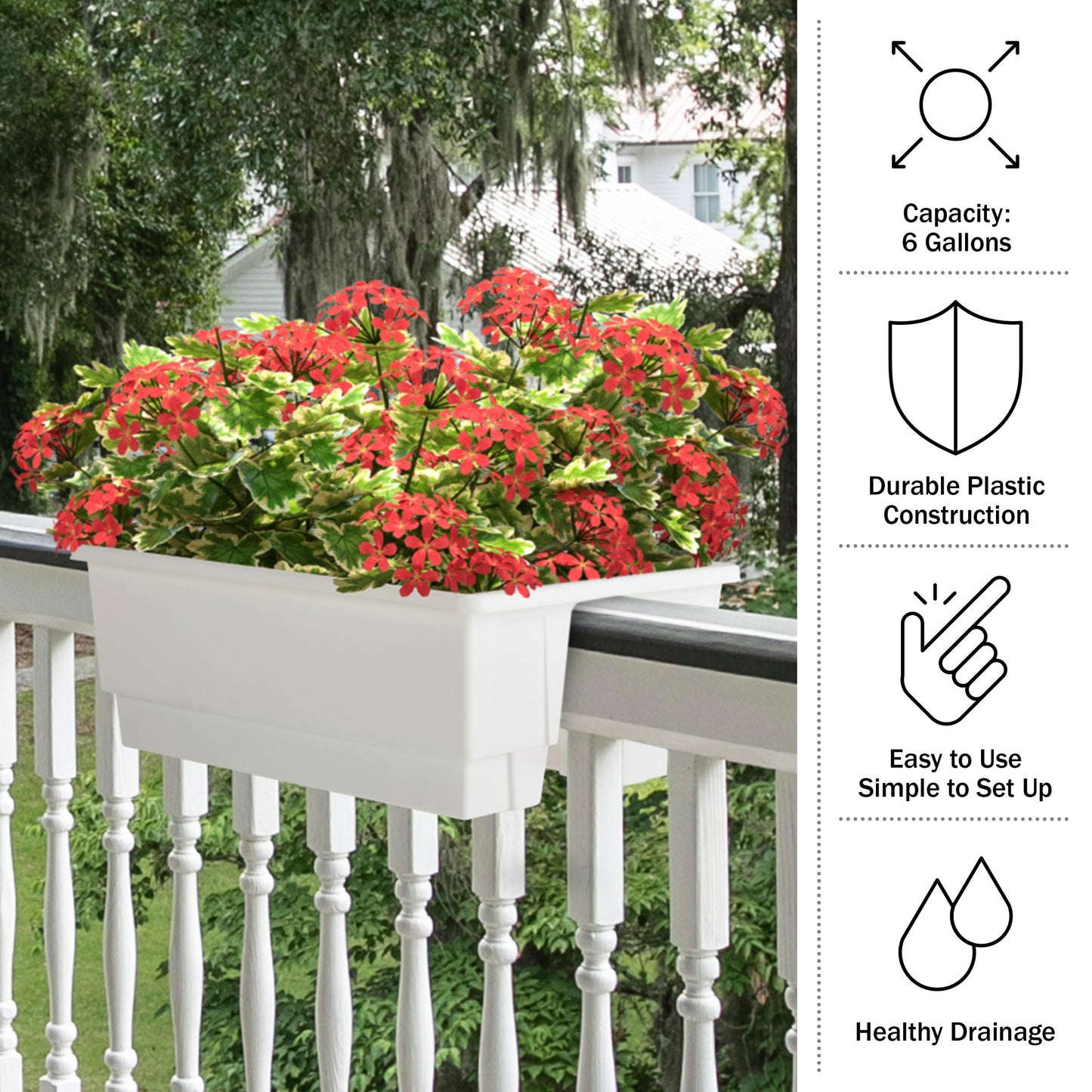 Railing Planter Box 2-Pack - 20.75-Inch Flower Boxes with Removable Drainage Inserts - 6-Gallon Outdoor Planters for Porch, Deck, or Balcony Decor, Fits Rail 3” - 4” by Pure Garden (White)