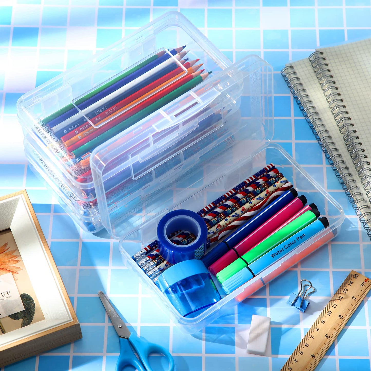 Fainne 24 Pack Pencil Boxes for School Clear Plastic Pencil Case Large Plastic Crayon Box Bulk Stackable Classroom Stationery Organizer School Supplies(Transparent)