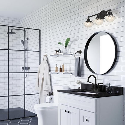 Design House Vintage-Inspired Schoolhouse 3-Light Dimmable Vanity Light, 23.125 in x 7.625 in x 9.5 in, Matte Black, Clear Seeded Glass Shades, 589143-BLK