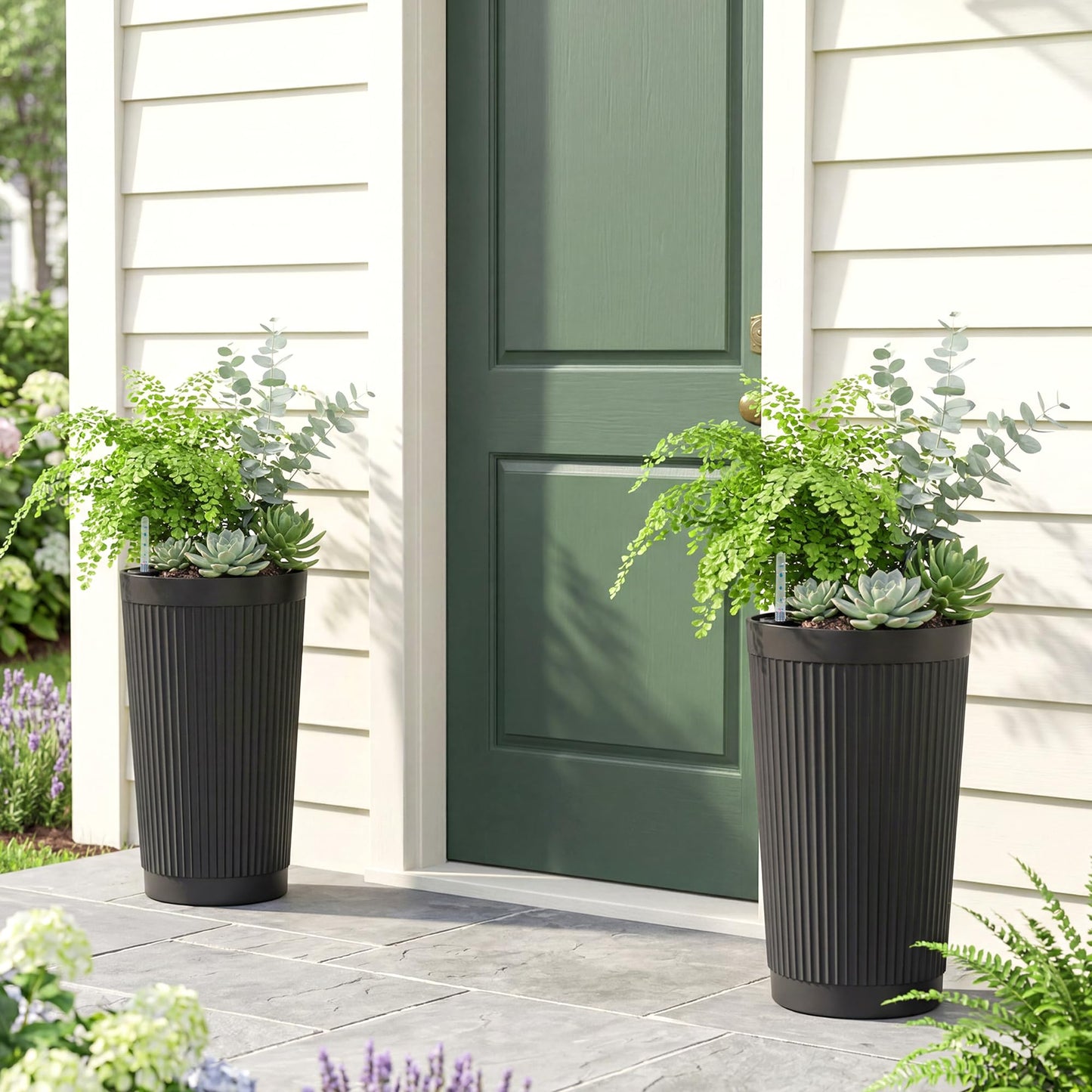 PolarcoForgeco Self Watering Tall Black Planters Outdoor Set of 2, 24” Flower Pots Planters for Outdoor Plants, Modern Plastic Tall Planter for Front Porch, with Drainage Hole (Ribbed)