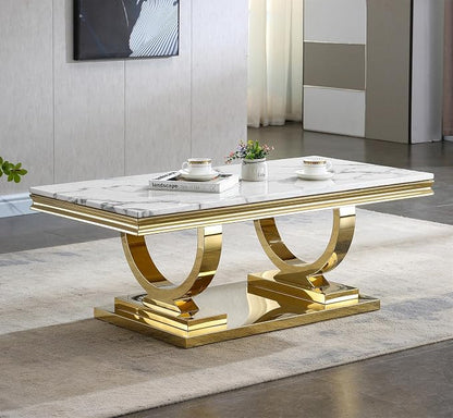 3 Piece Living Room Table Set Include 1 Faux Marble Coffee Table & 2 End Tables, Modern White Gold Coffee Table Set of 3 with Double O Shape Stainless Steel Pedestal Base