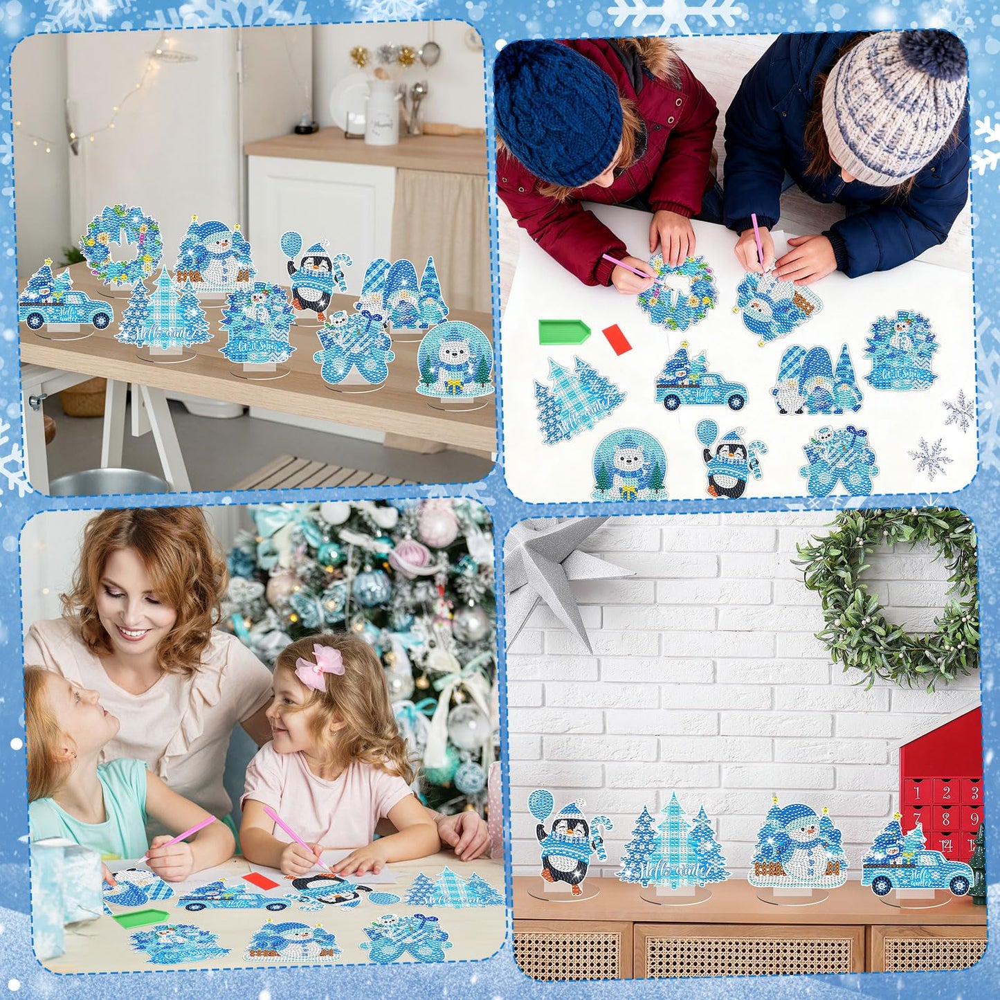9pcs Winter Diamond Art Tabletop Decoration Winter Diamond Painting Desktop Ornament Christmas Tree Craft Kit Snowman Deer Truck Gnome Xmas Painting Sign Set for DIY Adults Gifts Party Decor