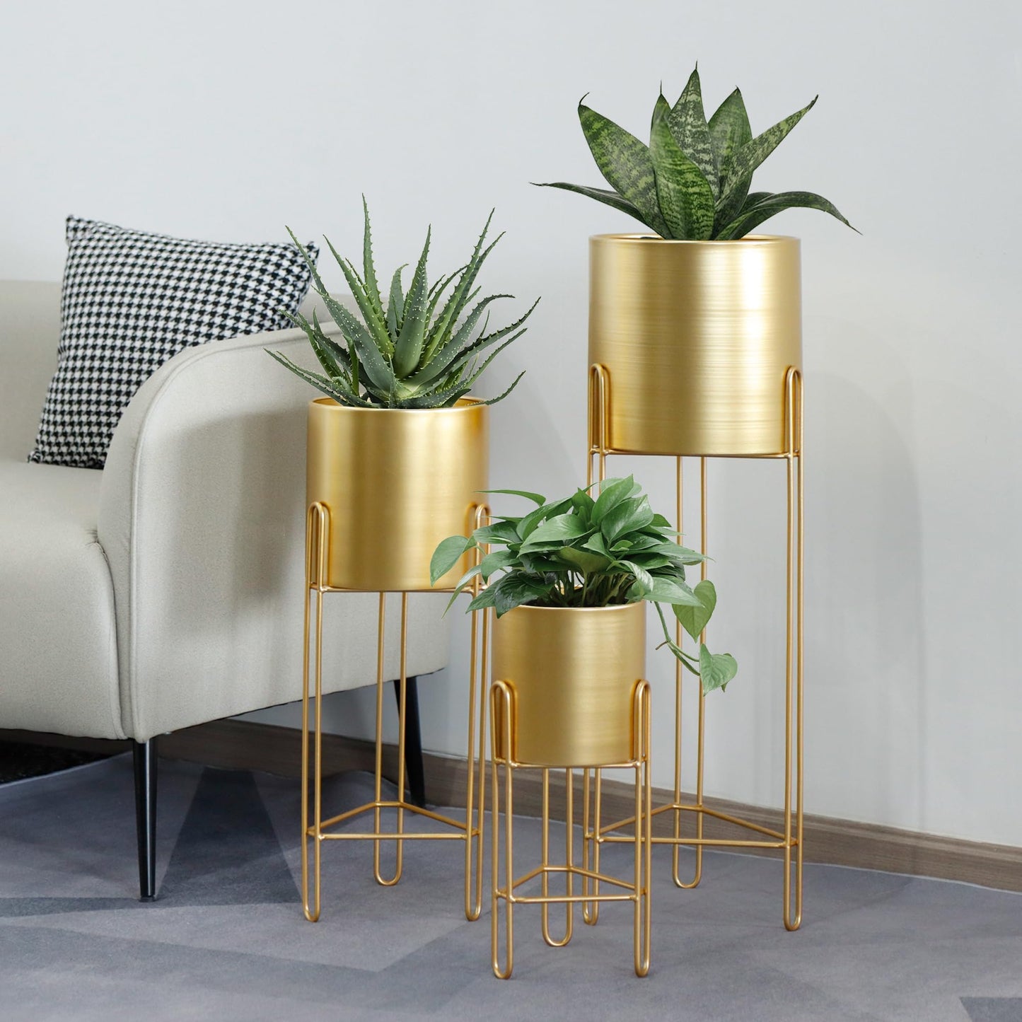 TRIROCKS Set of 3 Large Planters with Stand Gold Planter for Indoor Plants 29 &22 &12" Tall Morden Metal Plant Pots for Living Room Corner Kitchen Office Garden Balcony Patio Decor