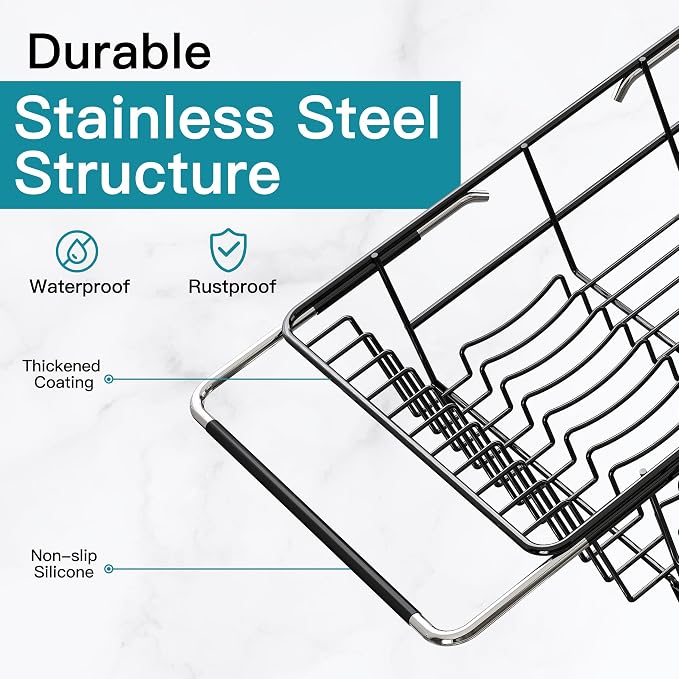 JASIWAY Black Dish Drying Rack in Sink with Mat, Expandable Stainless Steel Dish Drainers for Kitchen Counter, Space Saving Dish Dryer for Inside Sink, Over Sink Dish Racks with Utensil Holder