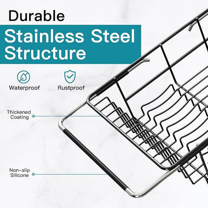 JASIWAY Black Dish Drying Rack in Sink with Mat, Expandable Stainless Steel Dish Drainers for Kitchen Counter, Space Saving Dish Dryer for Inside Sink, Over Sink Dish Racks with Utensil Holder