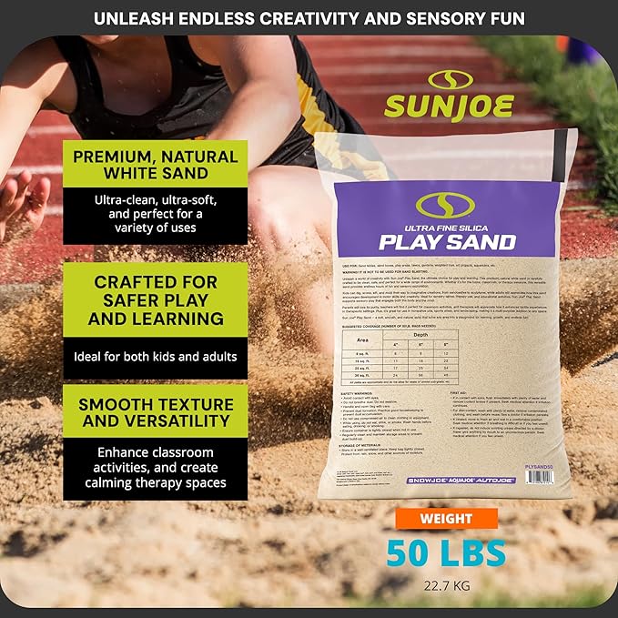 Sun Joe Silica Play Sand for Sandbox, Sensory Table & Garden Spaces, Ultra Fine, 50 Lb Bag - Indoor and Outdoor Natural Craft Accessory for Molding, Digging, Sculpting and Gardening, PLYSAND50