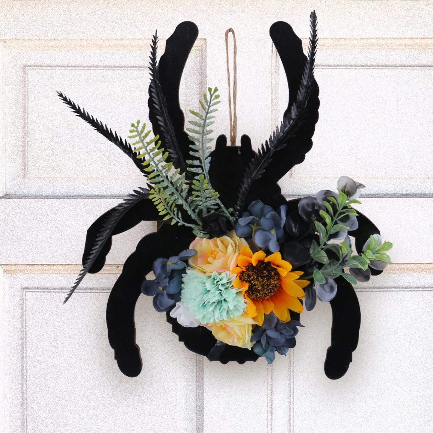 Halloween Spider Wreath with Sunflowers and Black Feathers, Wooden Pendant for Front Door Decoration Fall Halloween Party Decor Supply