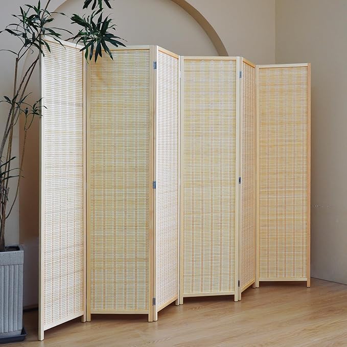 Furnnylane 6 Panel Bamboo Room Divider – 5.6 ft Tall Folding Privacy Screen