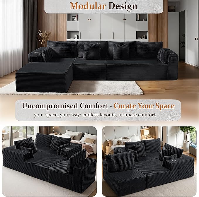 138" Cloud Sectional Couch, Comfort L Shaped Boneless Couch