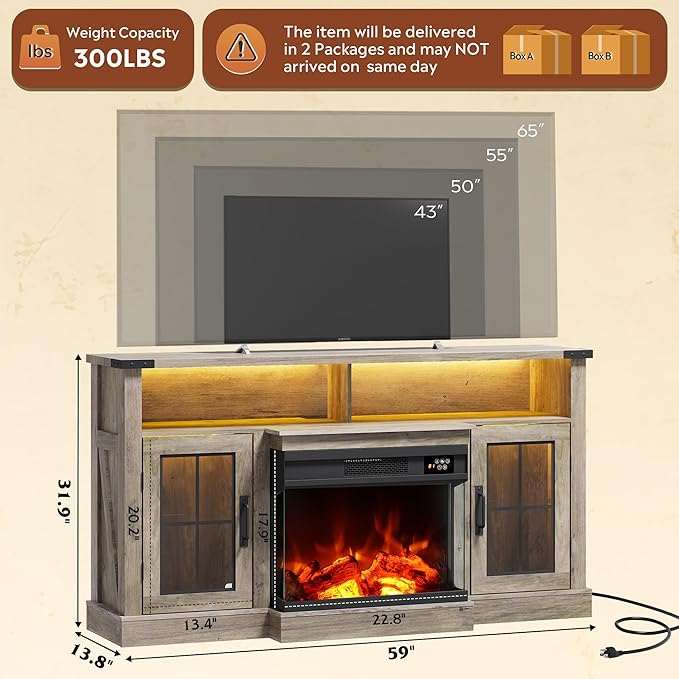 WLIVE 3-Sided Glass Electric Fireplace TV Stand