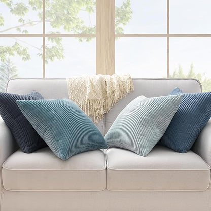 Topfinel Decorative Throw Pillow Covers Aque Teal Blue Gray Series,Summer Corduroy Striped Toss Pillows for Couch,Patio,Balcony,Children Bedroom,Modern Fluffy Blue Gradient Shams 20x20 Inch Set of 4