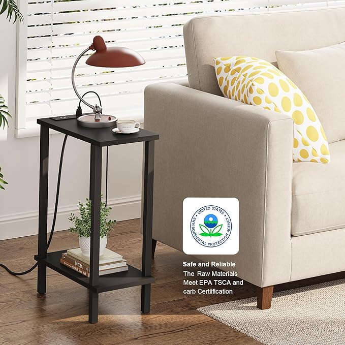 TUTOTAK Small End Table with Charging Station, Narrow Side Table with USB Ports
