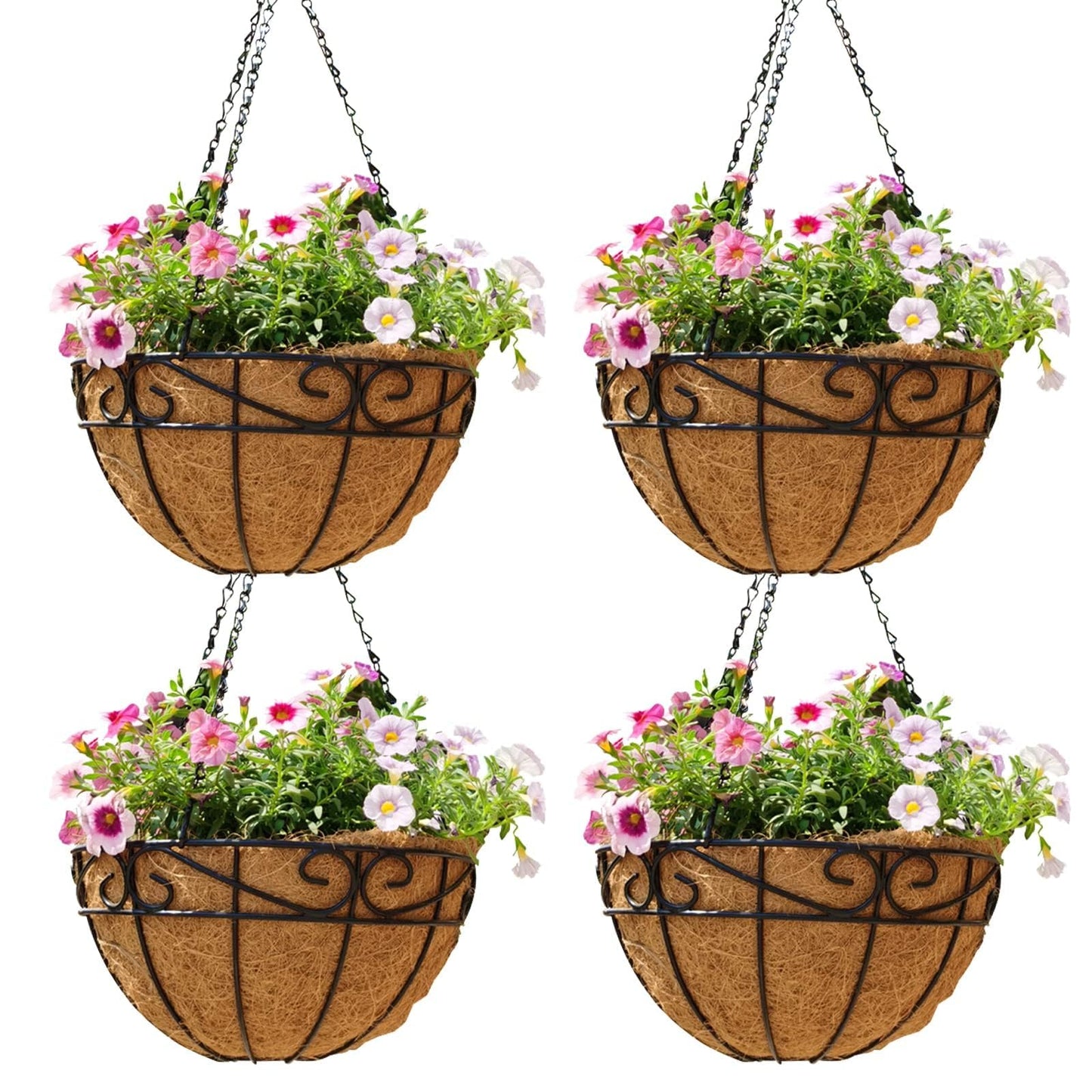 EIMQUVW Outdoor Metal Hanging Planters Basket (4pack, 14 inch) Hanging Baskets for Plants Chain Round Wire Plant Holder with Coco Fiber Liners for Garden, Patio, Deck, Porch(Flower Border)