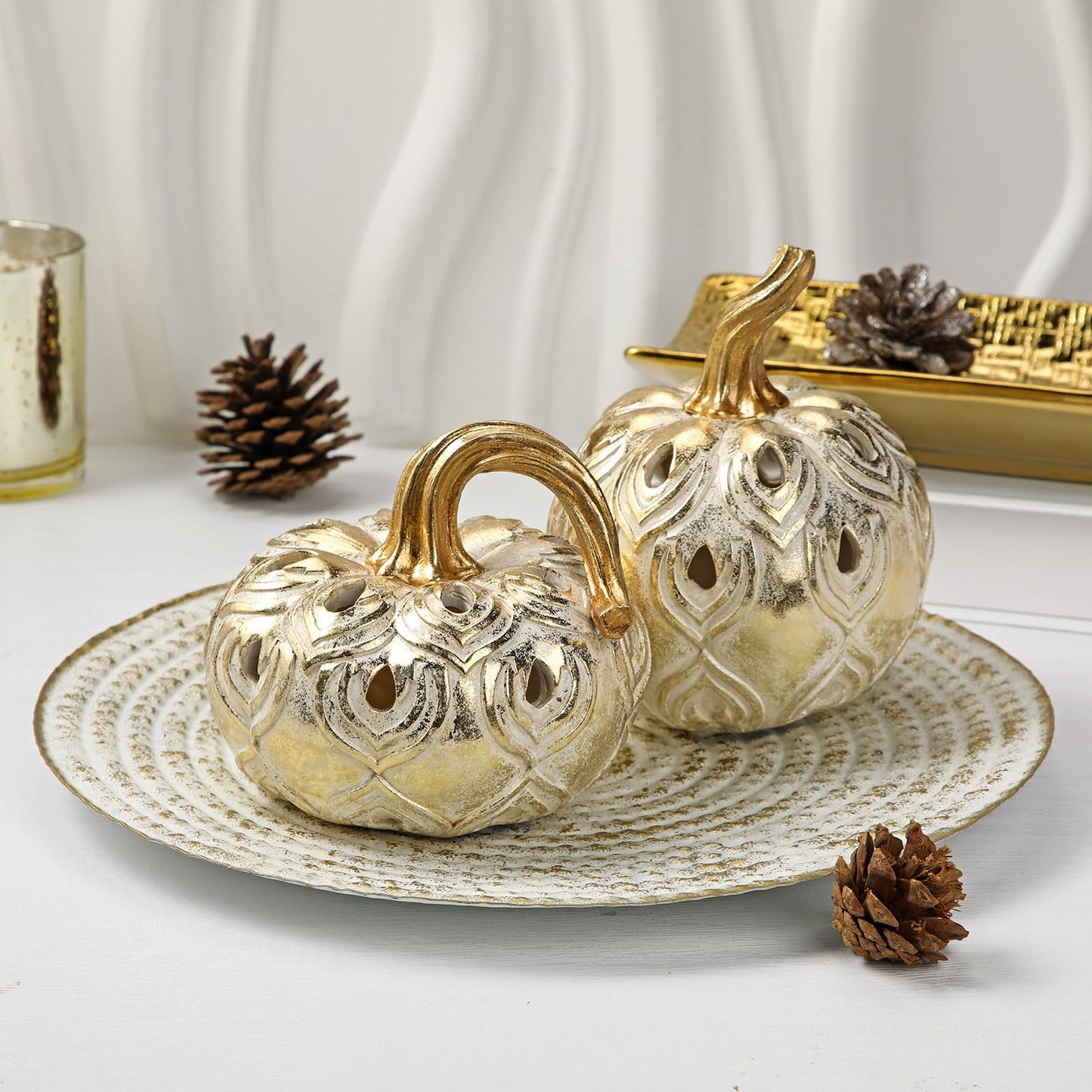 Hollyone Fall Pumpkin Decor 2 PCS Champagne Gold Resin Pumpkins Figurines Fake Pumpkins Faux Pumpkins Rustic Farmhouse Centerpiece for Thanksgiving Harvest Halloween Autumn Fall Decorations for Home