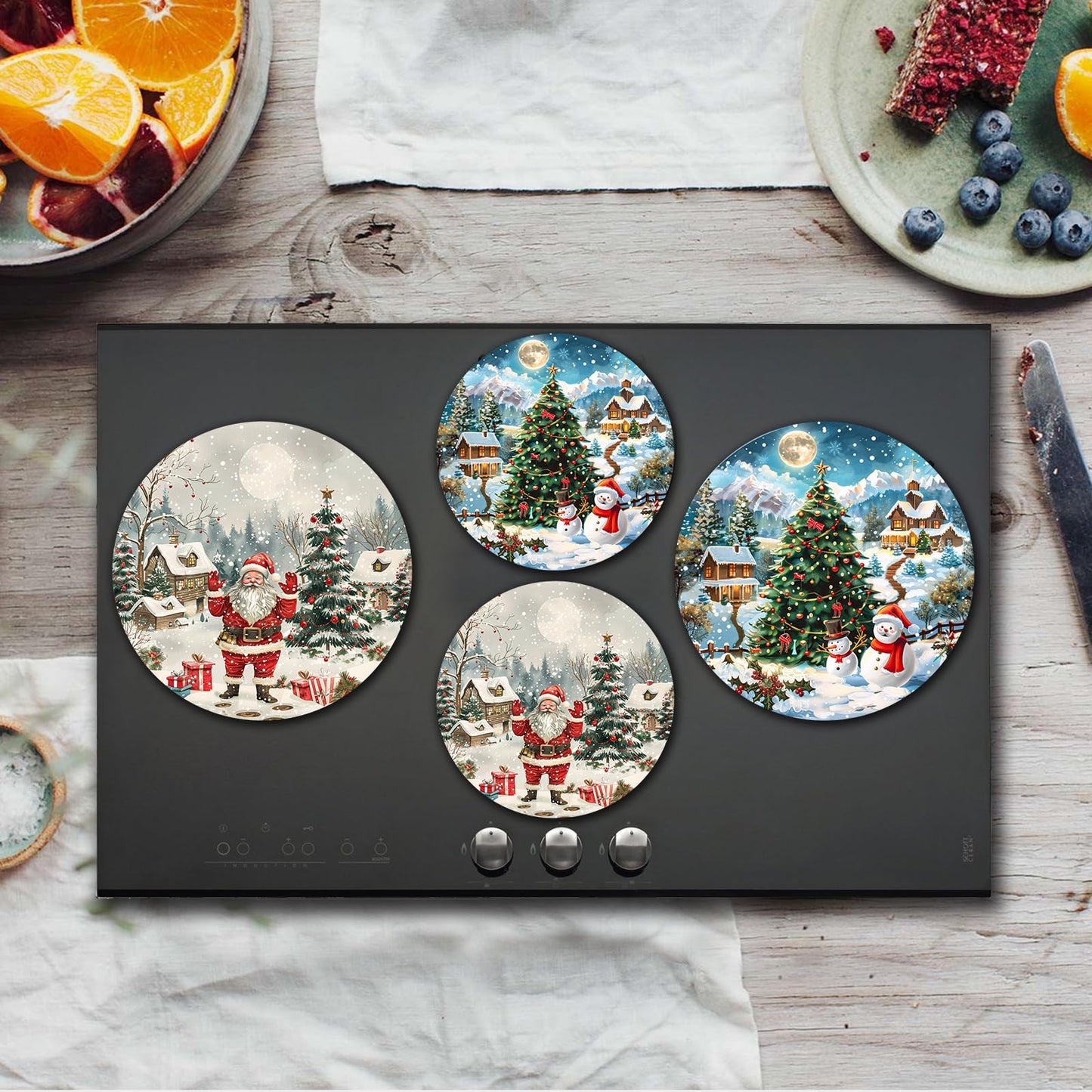 Tucocoo Christmas Tree Santa Claus Electric Stove Burner Covers, Set of 4 Round Stove Burner Covers, 8 Inches and 10 Inches, Gas Stove Burner Covers, Snowman Winter Landscapes Cooktop Decorative