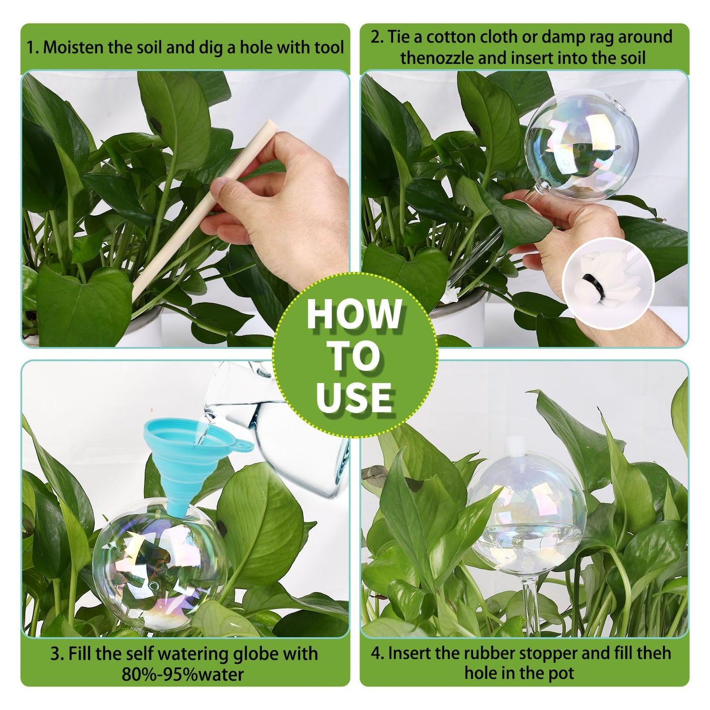 13 oz Up to 2 Weeks Large Self-Watering Plant Watering Globes, Self Watering Planter Insert, Glass Bulbs for Indoor & Outdoor Plants - Automatic Watering While Away or Vacation (Large 2-Pack)