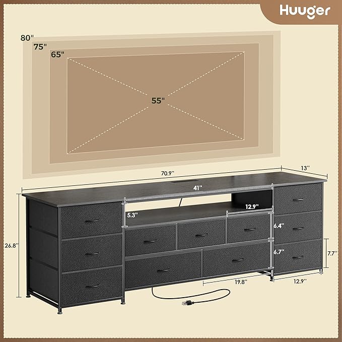Huuger 70 Inch TV Stand for 75, 80 Inch TV, 11 Drawer Long Dresser
