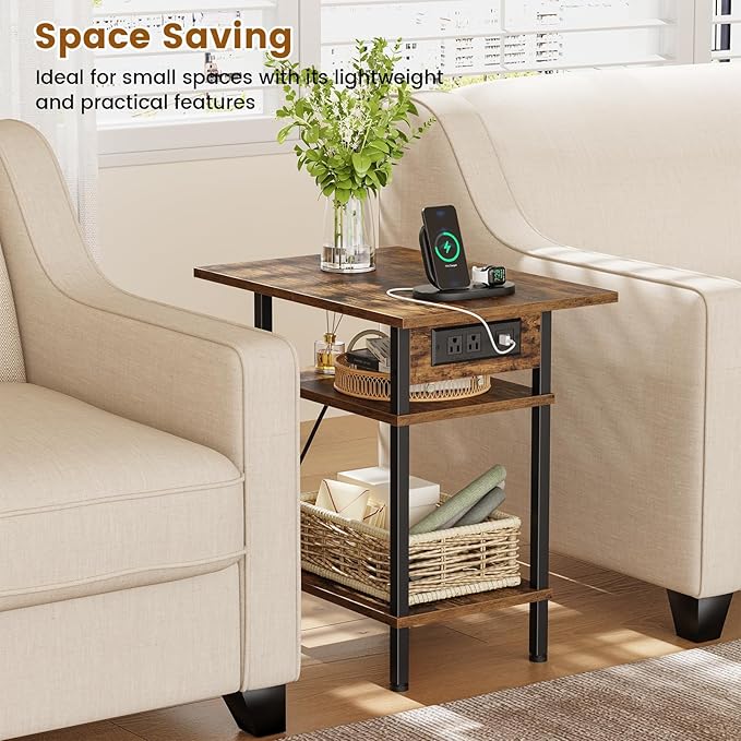 Asgolion Side Table with Charging Station, Skinny Nightstand with USB Ports and