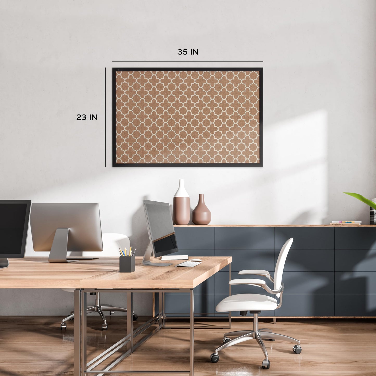 U Brands Cork Bulletin Board, 36" x 24", Black Wood Style Frame, Quatrefoil Design Print, Industrial Grade Pinning Surface