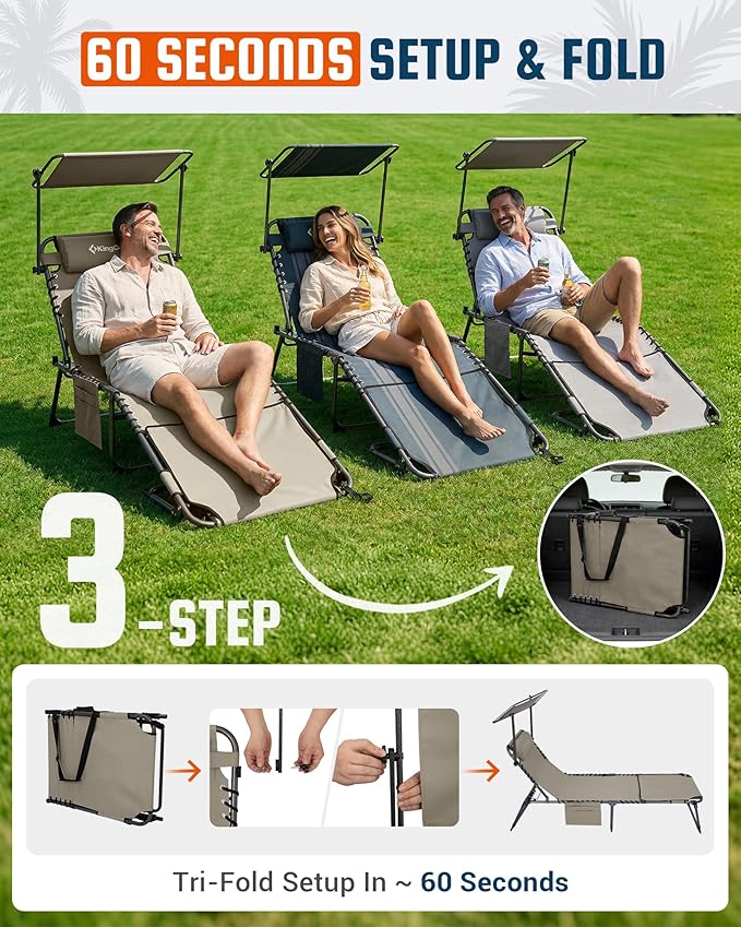KingCamp Lounge Chair with face Hole & Canopy Shade, 400LBS Folding Portable