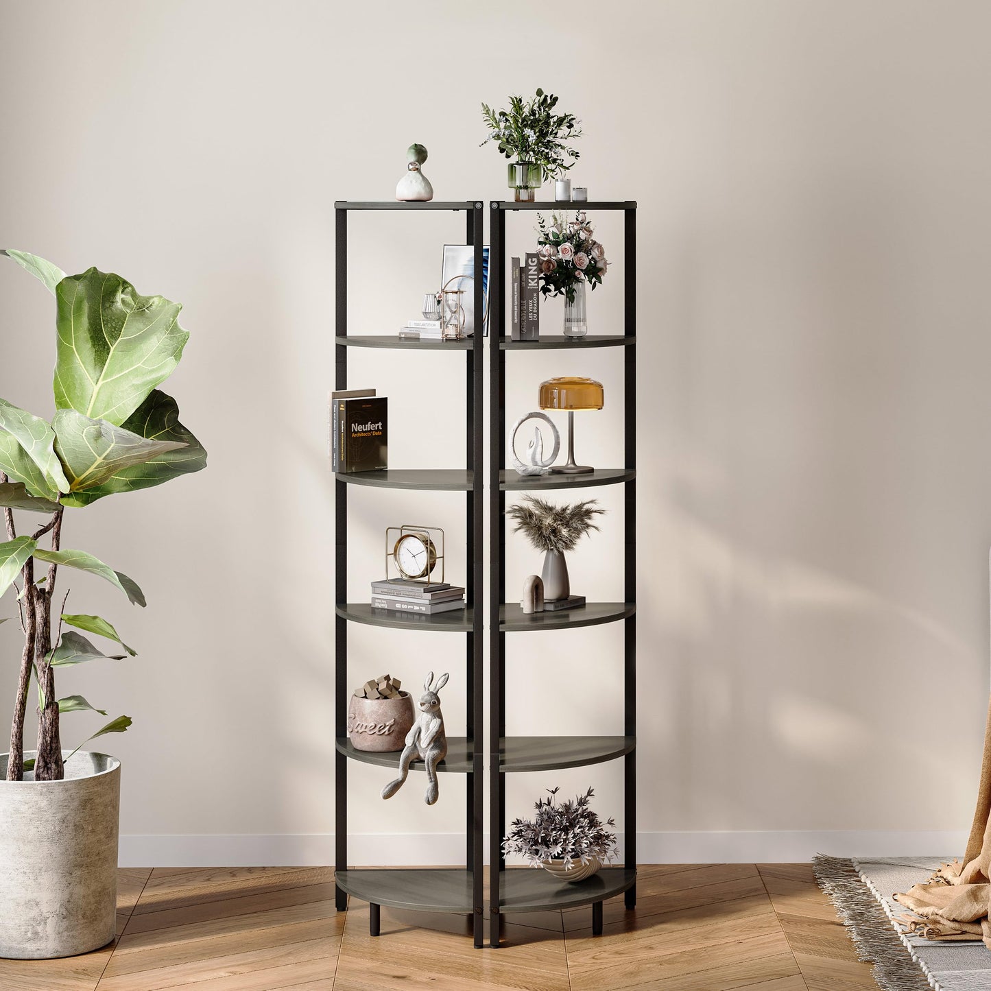 IRCPEN 6 Tier Corner Shelf 63.1" Tall Corner Shelves Stand Ladder Shelf Grey Woodgrain Industrial Standing Bookshelf Organizer Display Rack Bookcase Plant Stand for Living Room Bedroom CS-001GW