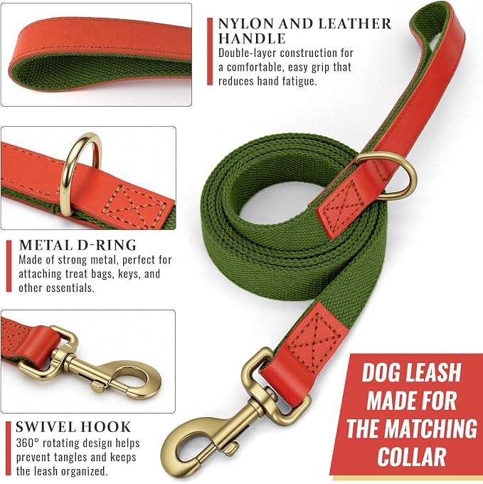 Dog Collar and Leash Set with Metal Quick Release Buckle, Adjustable, Breathable Nylon, Durable, Soft and Comfortable, No Pull for Walking and Training, Green, L (14.9"-22.8")