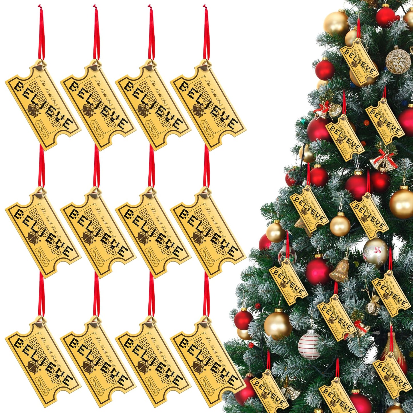 25 Pack Christmas Polar Golden Tickets Bulk Set Include 12 Pcs 4.7" x 2.5" Acrylic Golden Tickets 12 Believe Bells 1 Roll Red Ribbon North Pole Believe Train Ticket Christmas Tree Hanging Ornaments