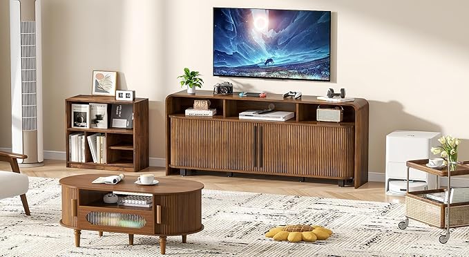 Walnut TV Stand for 65 70 75 Inch TV, Fluted Mid Century Modern TV Console