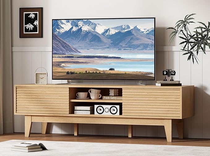 Fluted TV Stand for 55 65 Inch TV, Mid Century Modern Entertainment Center