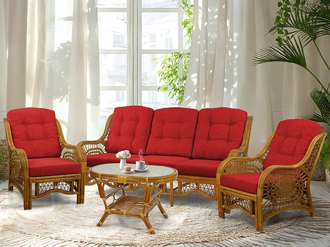 Malibu Lounge Set of 4: 2 Natural Rattan Wicker Chairs, Three-Seater Sofa