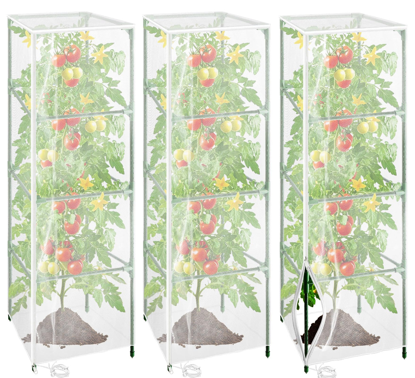 Cyrico Bird Netting Plant Cover for Tomato Cage, 3 Pcs Garden Mesh Cover with Zipper and Drawstring, Insect, Bird & Small Animal Protection Net for Vegetables, Fruits and Flowers, 59" x 17.7"