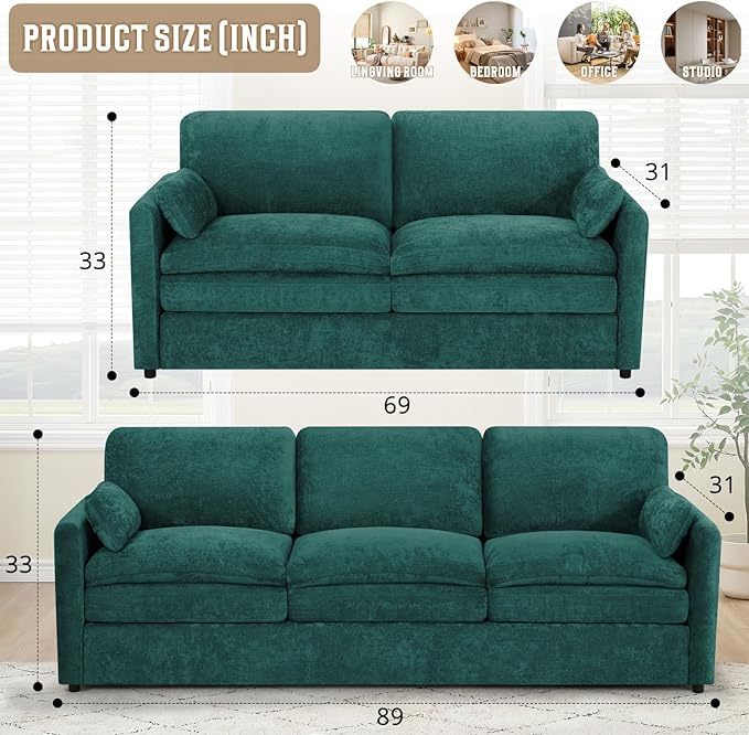 Classic Chenille Sofa Set with 2 Extra Armrest Pillows, Loveseat and 3-Seat