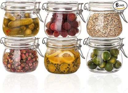 Liuruiyu 16oz - 6 Pack Round Glass Jars with Airtight Lid, Wide Mouth Mason Jars with Clamp Lids, Air Tight Glass Canisters, Food Storage Containers for Cereal, Pasta, Beans, Sugar, Coffee, Spice