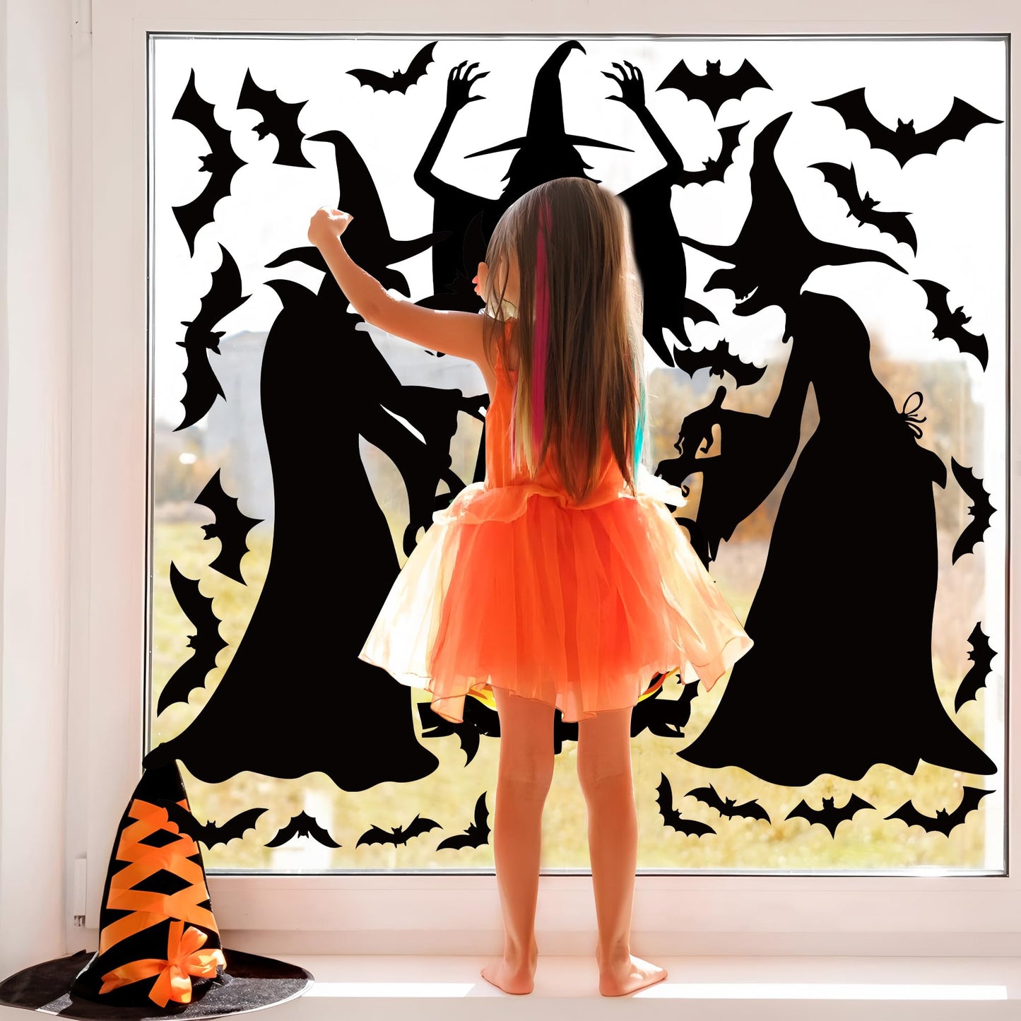 3 Sheets Halloween Witches Window Clings Decor Extra Large Witches with Cauldron Bats Silhouette Double Sided Halloween Window Decals Wicked Witch Windows Stickers for Party School Home Office Glass