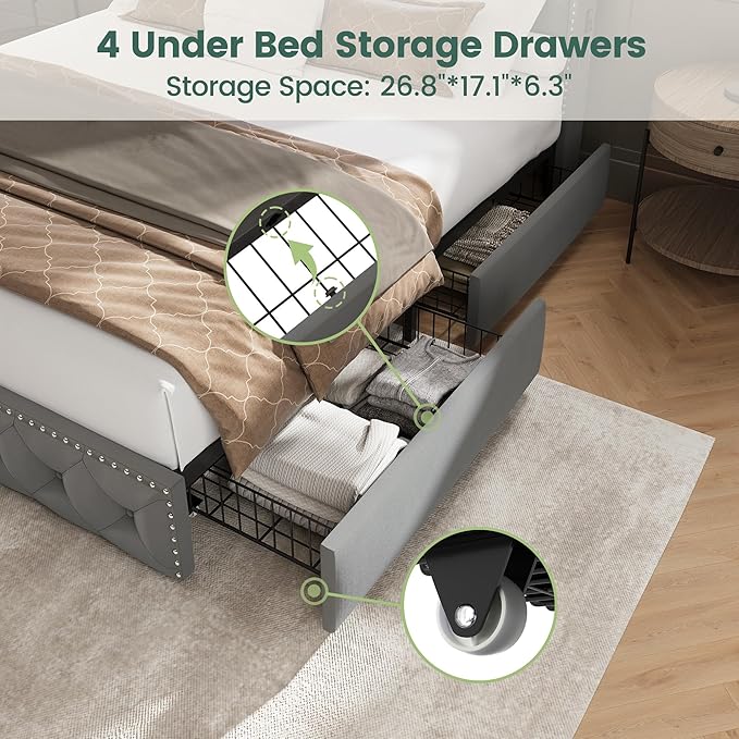 LARMACE King Bed Frame with 4 Storage Drawers and USB Charging Station Velvet