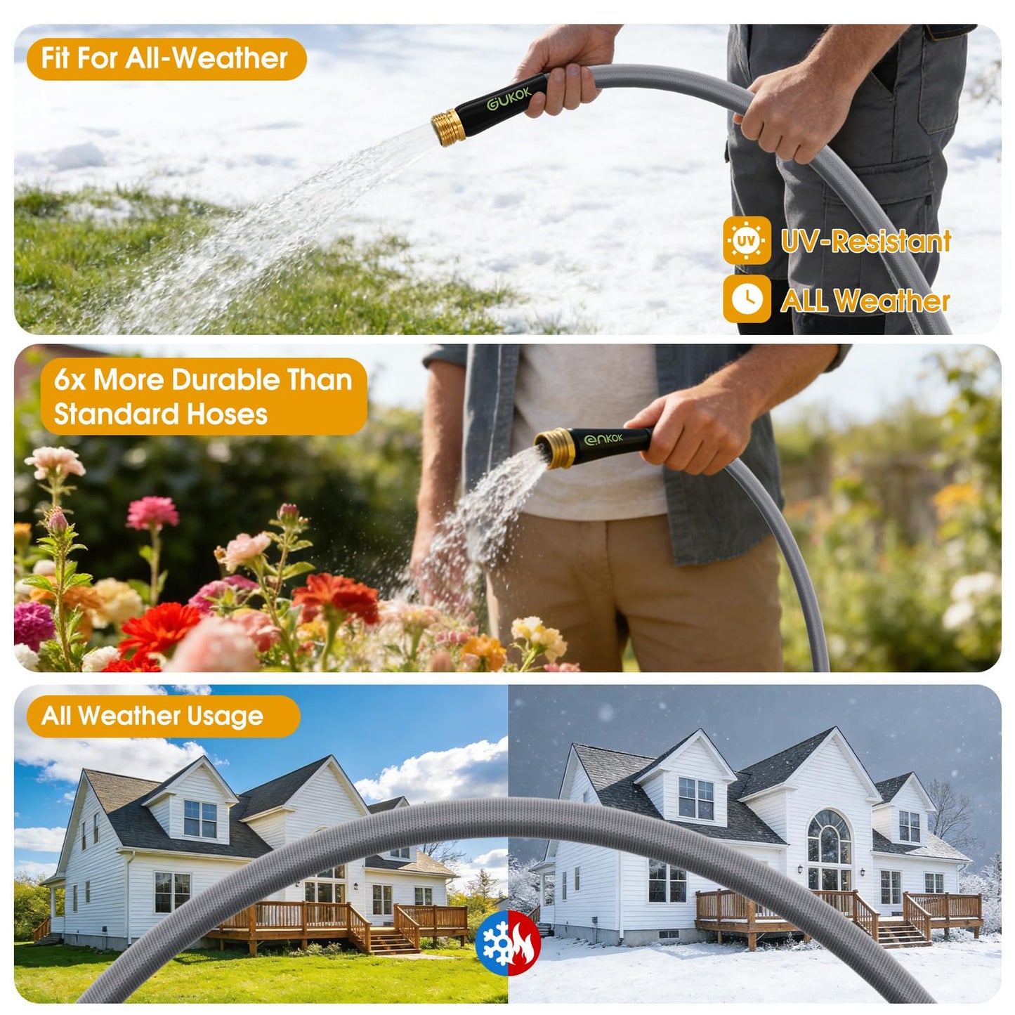 GUKOK Garden Hose 100 FT, Non-Expanding Water Hose, Ultra-Light & Flexible, Burst-Resistant, Kink-Free, High-Pressure Garden Hose All-Weather Use for Lawns, Gardens, and Outdoor Cleaning