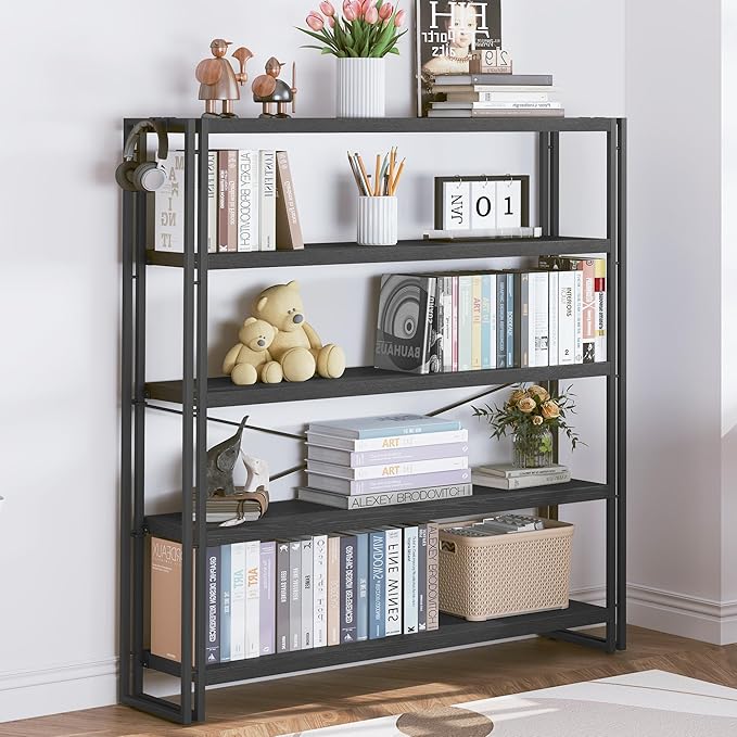 HCHQHS Bookshelf, 5-Tier Industrial Bookcase, Freestanding Tall Bookshelves