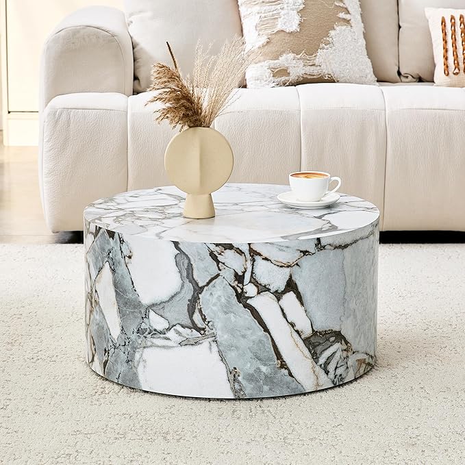 Round Coffee Table, 23.6" Modern Faux Marble Drum Coffee Table, Round Accent