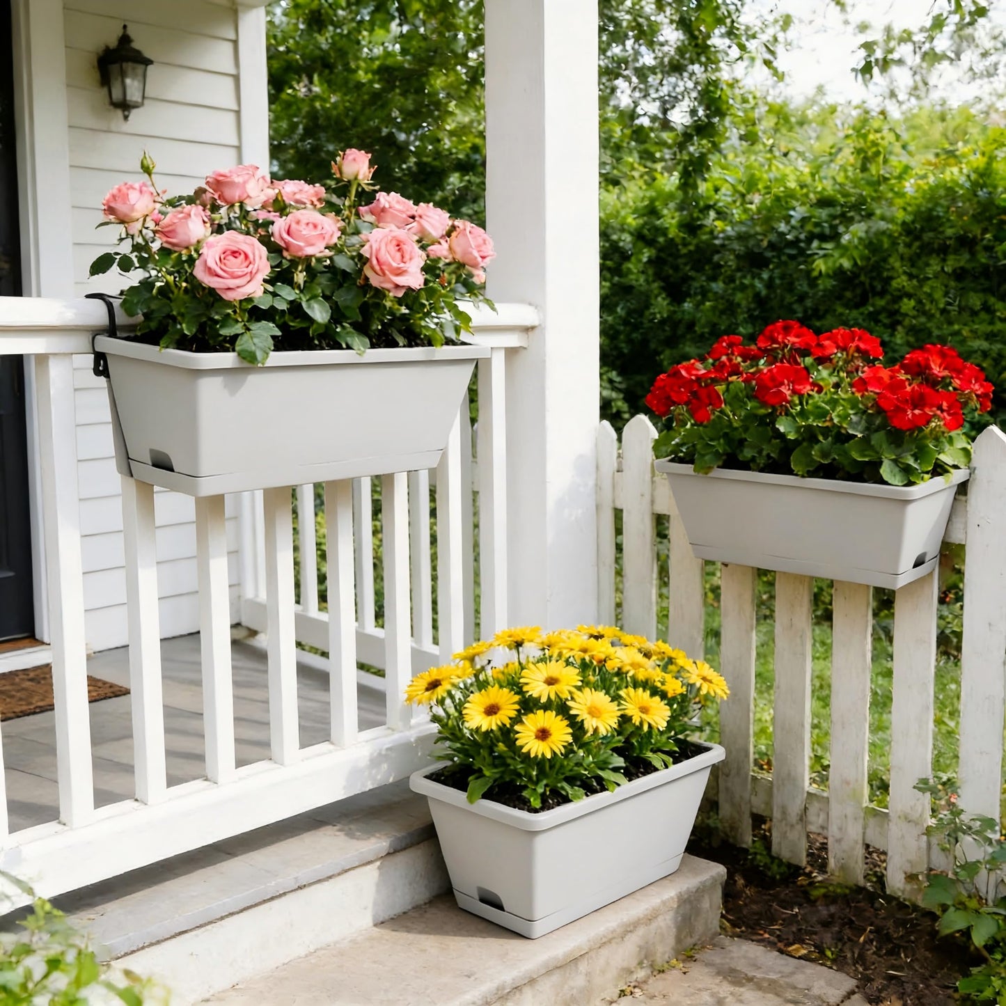 8pcs Rectangle Window Boxes Planters, 17 Inches Long Window Sill Planter Box Outdoor, Plastic Rectangular Window Flower Herb Pots Indoor with Drainage Holes and Trays for Garden Windowsill Light Grey