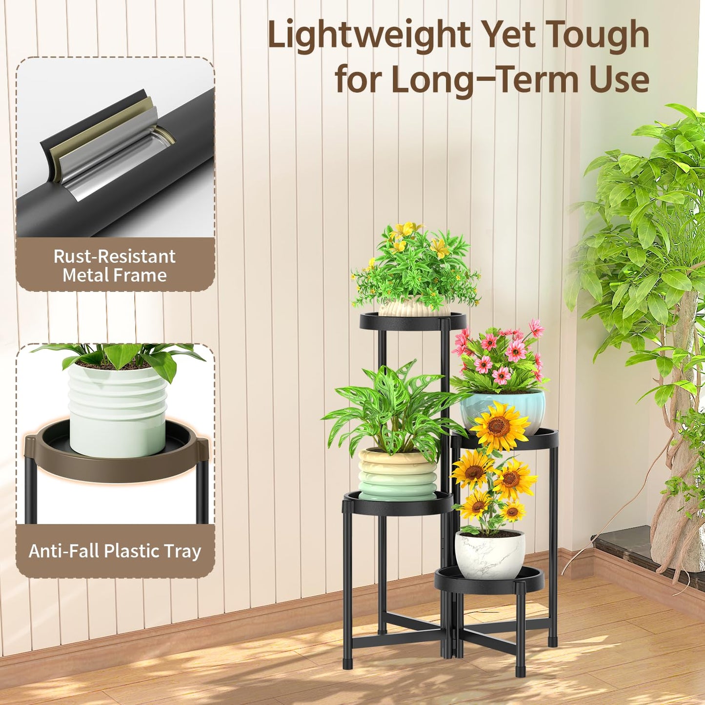 LASZOLA 4 Tiered Plant Stand Indoor Outdoor with Plastic Tray, Corner Folding Tall Flower Display Rack, Modern Plant Holder Shelf for Outdoor Patio Porch Garden Office Living Room, Black