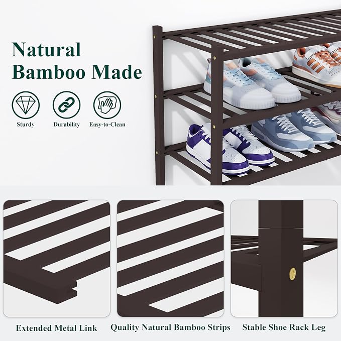 Smiry Bamboo Shoe Rack, 4 Tier Free Standing Wooden Shoe Organizer, Stackable Wood Shoe Storage Shelf for Closet, Entryway, 14 Vertical Slats, 2+2 Stack Heavy-Duty Legs, 26.8"x11"x26", Brown