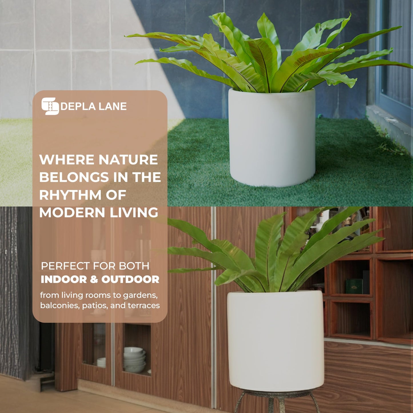DEPLA LANE Lumero Fiberstone Cylinder Planter (14.0" Pot Opening x 15.7"D x 15.7"H) Smooth Finishes, Lightweight, Durable, UV Resistant, Modern Minimalist Decor, Indoor Outdoor Plant Pot (XL, White)