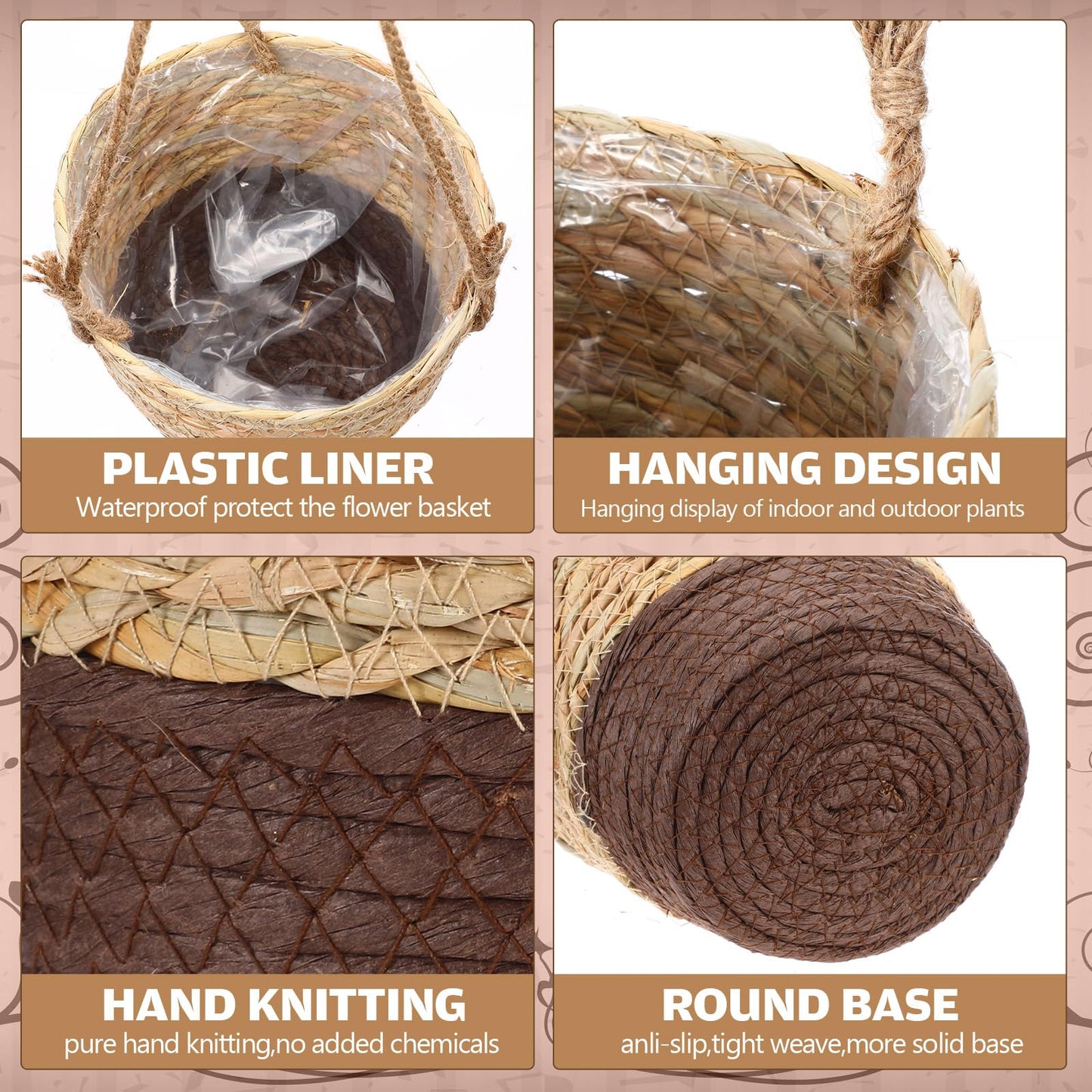 Ferrochef 6 Pcs Seagrass Hanging Planter Basket Hand Woven Plant Basket with Plastic Liners Hanging Plant Holder Storage Containers with Cotton Rope for Indoor Garden Decor (Small,Brown,Coffee Brown)