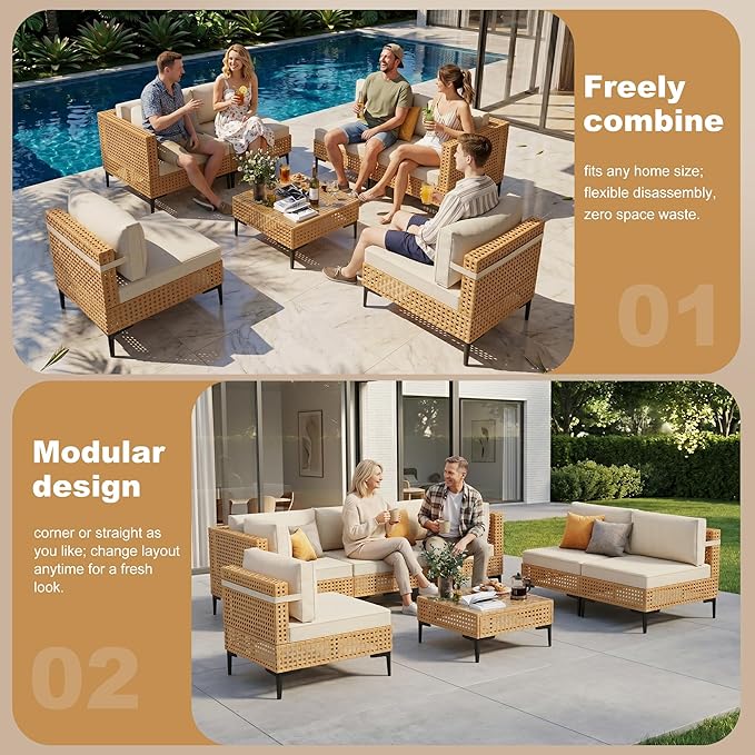 ABCASA Patio Furniture Set, Boho Patio Conversation Set Sectional Sofa