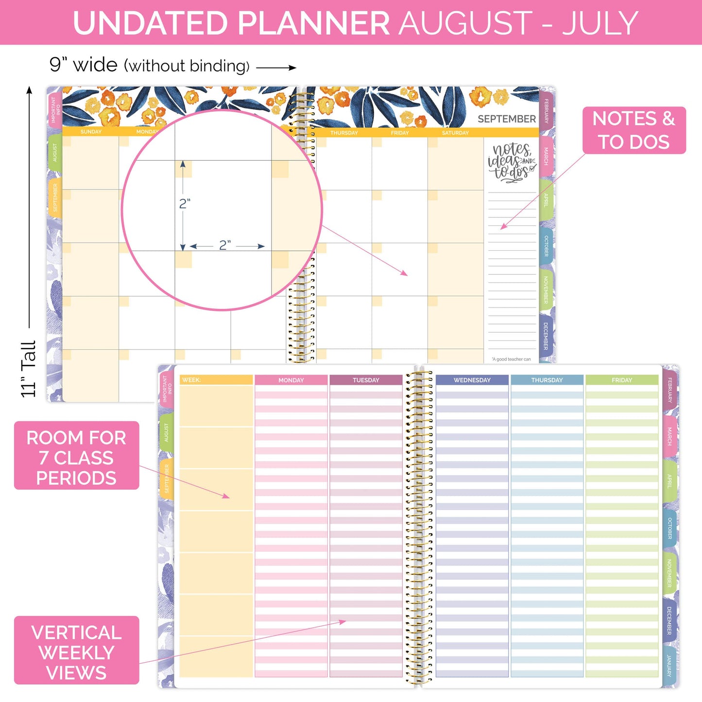 bloom daily planners Undated Academic Year Teacher Planner & Calendar - 7 Period Lesson Plan Organizer Book with Frosted Cover (9" x 11") (Watercolor Floral)